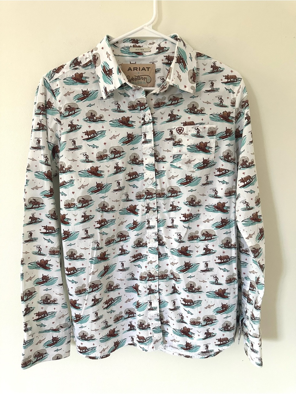 Ariat Cream Button-Down Shirt with Brown and Teal Western Print